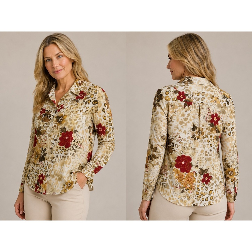 Alfred Dunner Women's Size 18 Floral Leopard Print Button Front Blouse NWT
